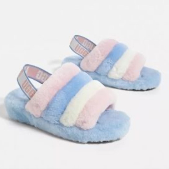UGG Shoes - UGG Pastel Fluff Yeah Furry Pride Slingback Striped Pink Blue Slippers Sandals